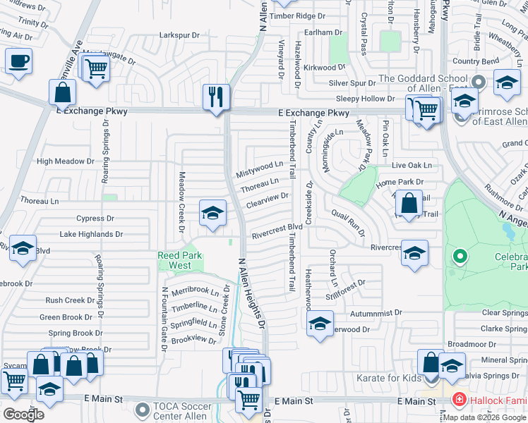 map of restaurants, bars, coffee shops, grocery stores, and more near 1316 Springview Drive in Allen