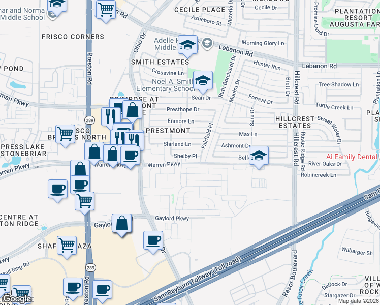 map of restaurants, bars, coffee shops, grocery stores, and more near 9809 Shelby Place in Frisco