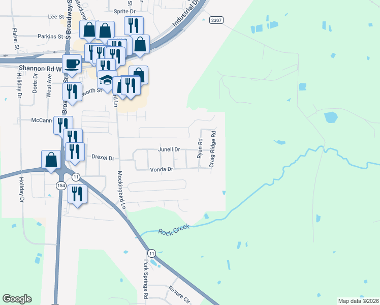 map of restaurants, bars, coffee shops, grocery stores, and more near 1604 Debbie Street in Sulphur Springs