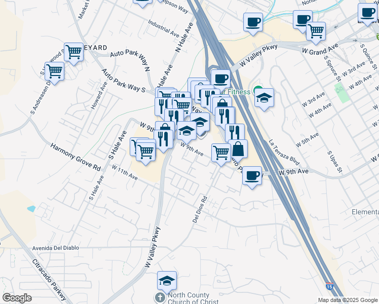 map of restaurants, bars, coffee shops, grocery stores, and more near 1407 West 9th Avenue in Escondido