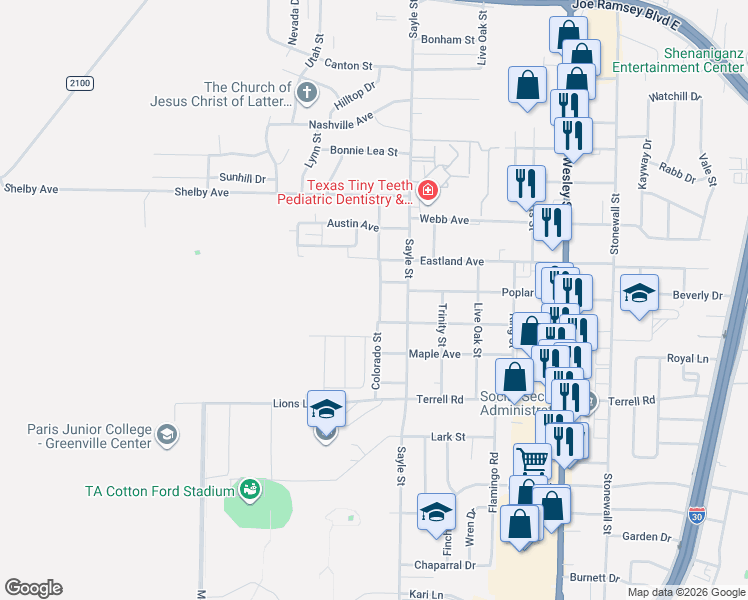 map of restaurants, bars, coffee shops, grocery stores, and more near 6003 Colorado Street in Greenville