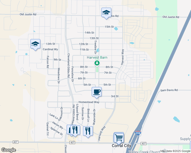 map of restaurants, bars, coffee shops, grocery stores, and more near 711 Treeline Drive in Argyle