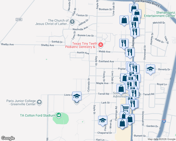 map of restaurants, bars, coffee shops, grocery stores, and more near 6008 Colorado Street in Greenville