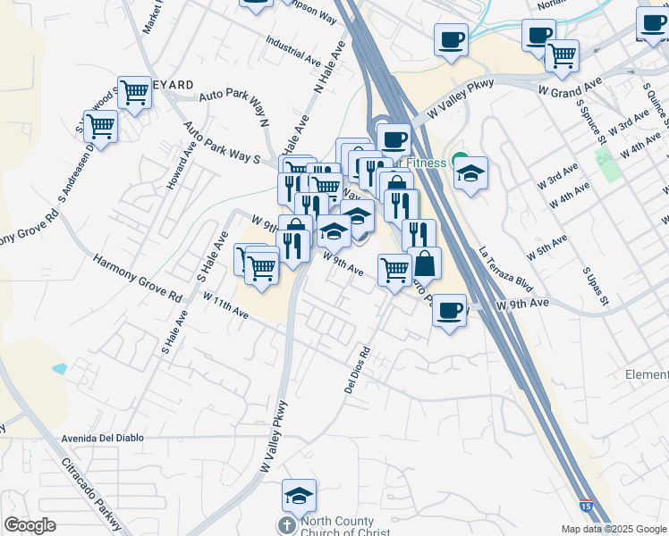 map of restaurants, bars, coffee shops, grocery stores, and more near 1361 West 9th Avenue in Escondido