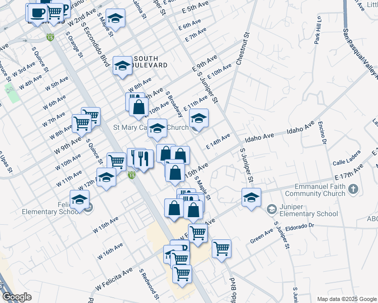 map of restaurants, bars, coffee shops, grocery stores, and more near 1351 South Maple Street in Escondido