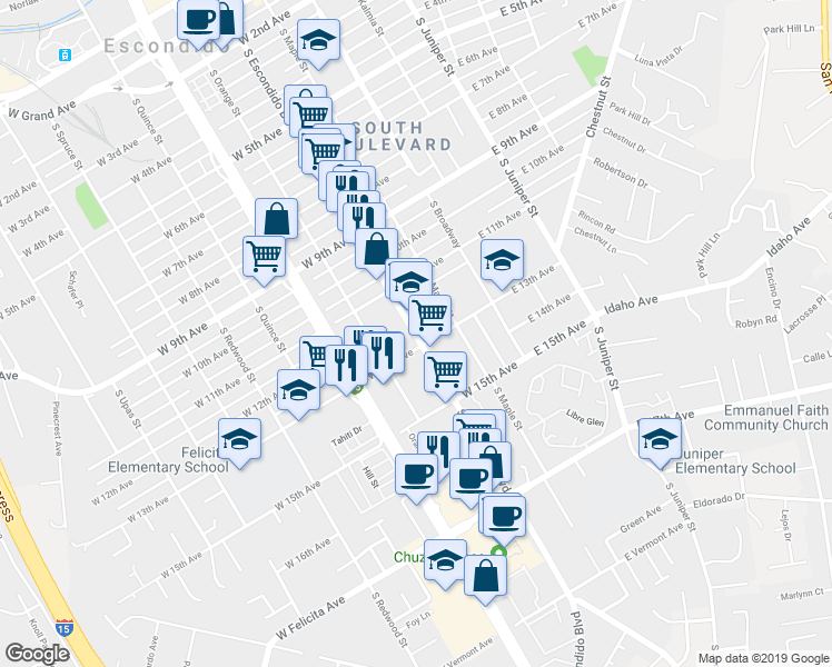 map of restaurants, bars, coffee shops, grocery stores, and more near 1214 South Escondido Boulevard in Escondido