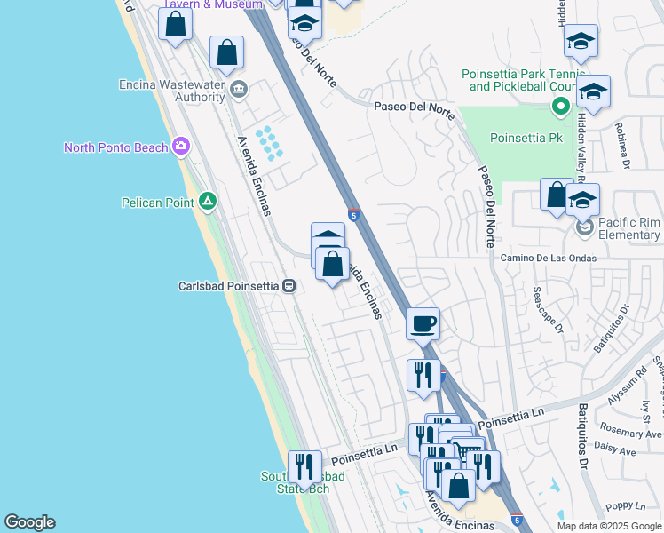 map of restaurants, bars, coffee shops, grocery stores, and more near 6803 Embarcadero Lane in Carlsbad