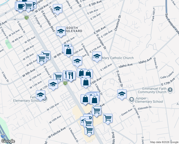 map of restaurants, bars, coffee shops, grocery stores, and more near 1316 South Maple Street in Escondido
