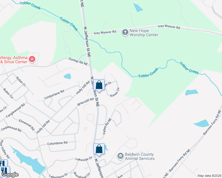 map of restaurants, bars, coffee shops, grocery stores, and more near 1940 Karen Circle in Milledgeville