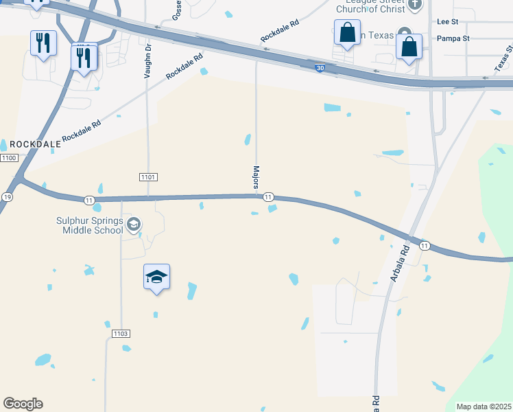 map of restaurants, bars, coffee shops, grocery stores, and more near 749 Wildcat Way in Sulphur Springs