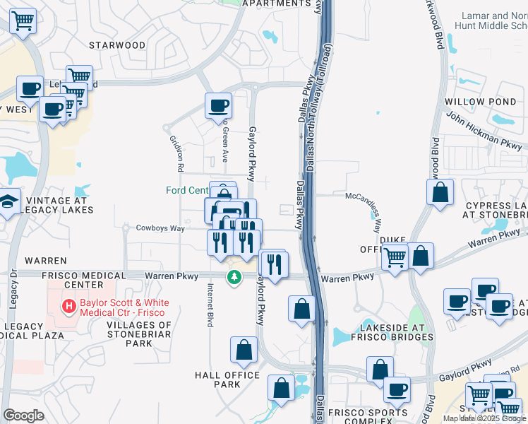 map of restaurants, bars, coffee shops, grocery stores, and more near 3800 Gaylord Parkway in Frisco