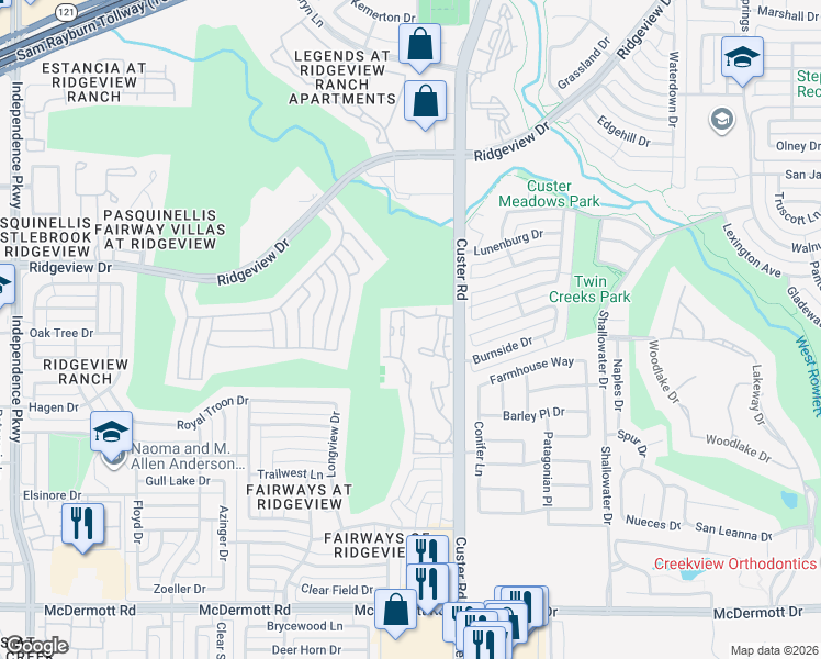 map of restaurants, bars, coffee shops, grocery stores, and more near 9601 Custer Road in Plano