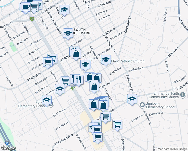 map of restaurants, bars, coffee shops, grocery stores, and more near 1351 South Maple Street in Escondido