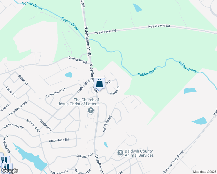 map of restaurants, bars, coffee shops, grocery stores, and more near 1909 Karen Circle in Milledgeville