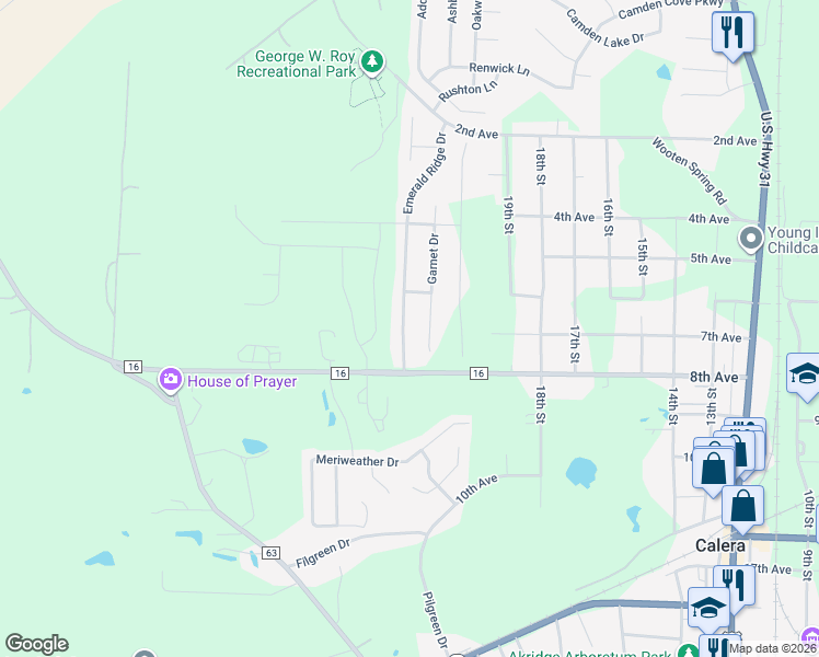 map of restaurants, bars, coffee shops, grocery stores, and more near 1179 Emerald Ridge Drive in Calera