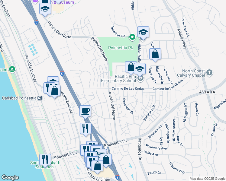 map of restaurants, bars, coffee shops, grocery stores, and more near 6806 Zinnia Court in Carlsbad