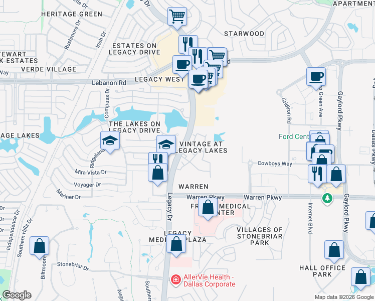 map of restaurants, bars, coffee shops, grocery stores, and more near 3700 Legacy Drive in Frisco