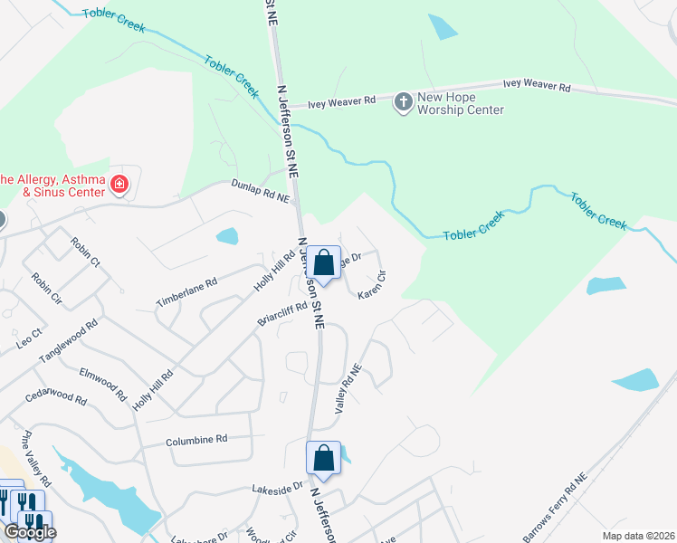 map of restaurants, bars, coffee shops, grocery stores, and more near 1909 Karen Circle in Milledgeville