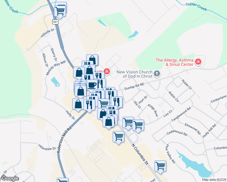 map of restaurants, bars, coffee shops, grocery stores, and more near 1250 Dunlap Road in Milledgeville