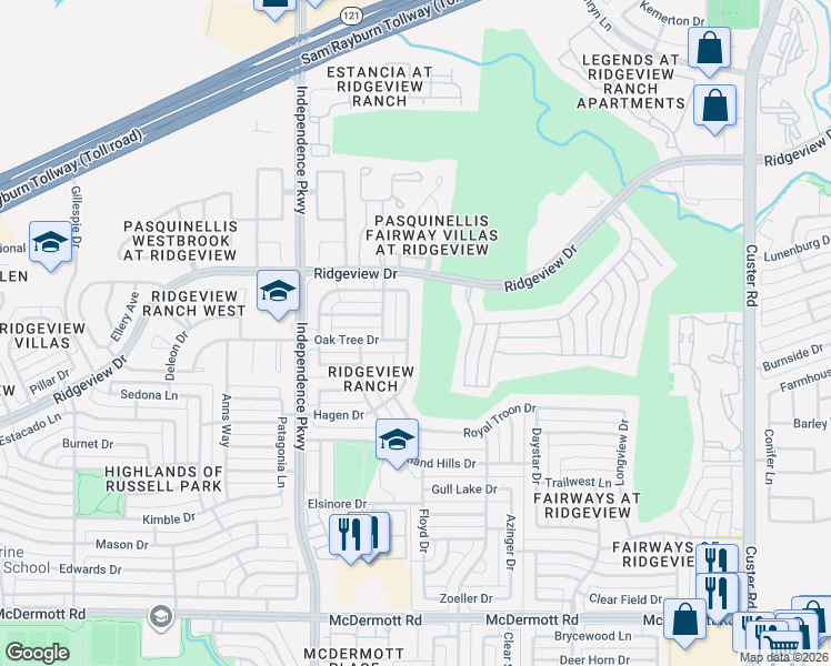 map of restaurants, bars, coffee shops, grocery stores, and more near 2804 Oak Tree Drive in Plano