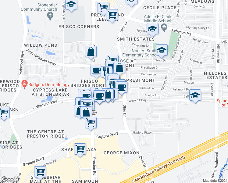 map of restaurants, bars, coffee shops, grocery stores, and more near 9292 Warren Parkway in Frisco