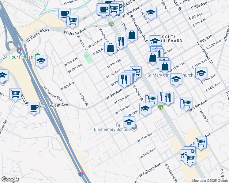 map of restaurants, bars, coffee shops, grocery stores, and more near 914 South Spruce Street in Escondido