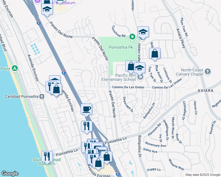 map of restaurants, bars, coffee shops, grocery stores, and more near 6825 Carnation Drive in Carlsbad