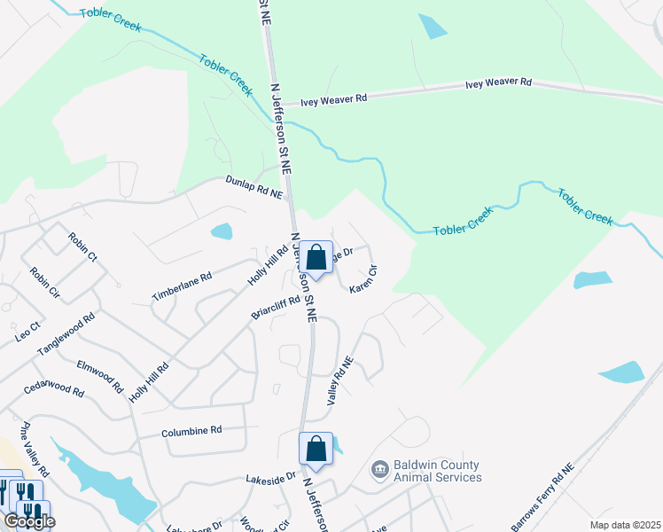 map of restaurants, bars, coffee shops, grocery stores, and more near 1909 Karen Circle in Milledgeville