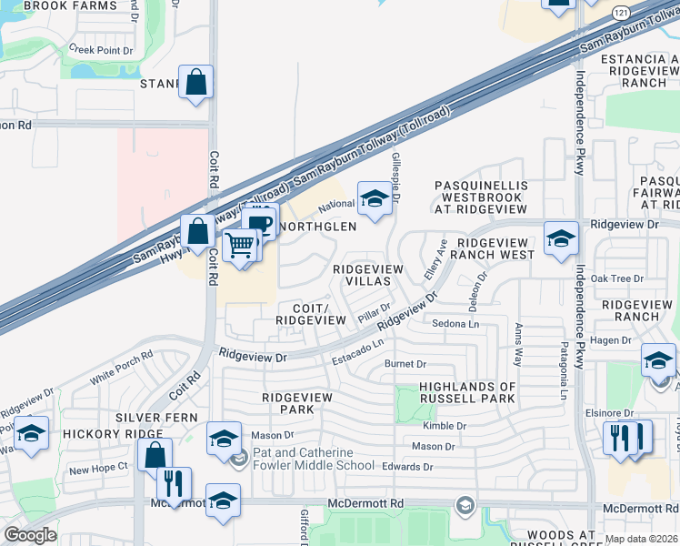 map of restaurants, bars, coffee shops, grocery stores, and more near 3536 Flat Creek Drive in Plano