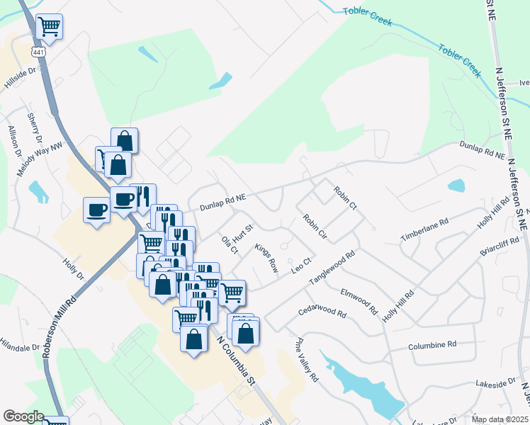 map of restaurants, bars, coffee shops, grocery stores, and more near 2331 Woodview Circle in Milledgeville