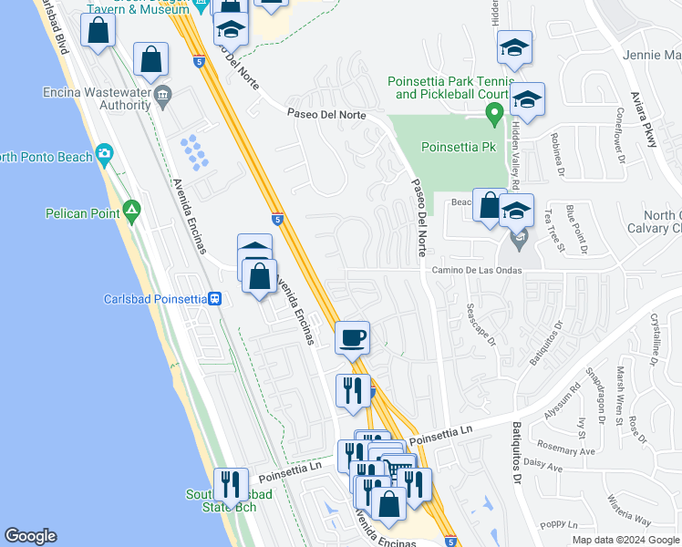 map of restaurants, bars, coffee shops, grocery stores, and more near 808 Skysail Avenue in Carlsbad