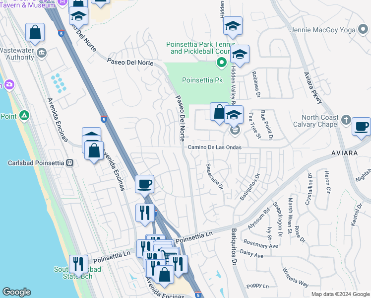 map of restaurants, bars, coffee shops, grocery stores, and more near 844 Mistletoe Lane in Carlsbad