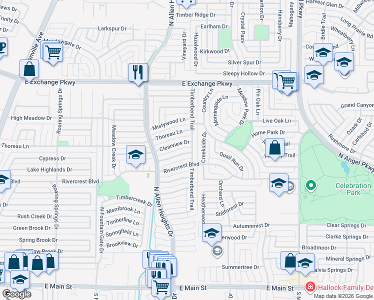 map of restaurants, bars, coffee shops, grocery stores, and more near 1316 Springview Drive in Allen