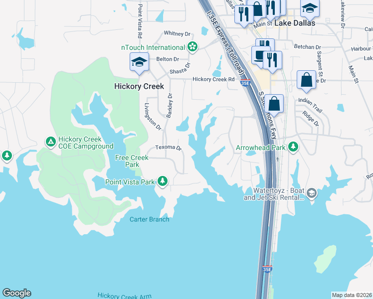 map of restaurants, bars, coffee shops, grocery stores, and more near 318 Texoma Drive in Lake Dallas