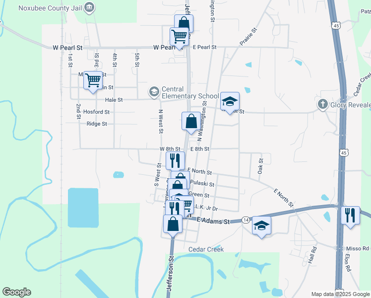 map of restaurants, bars, coffee shops, grocery stores, and more near Jefferson Street in Macon