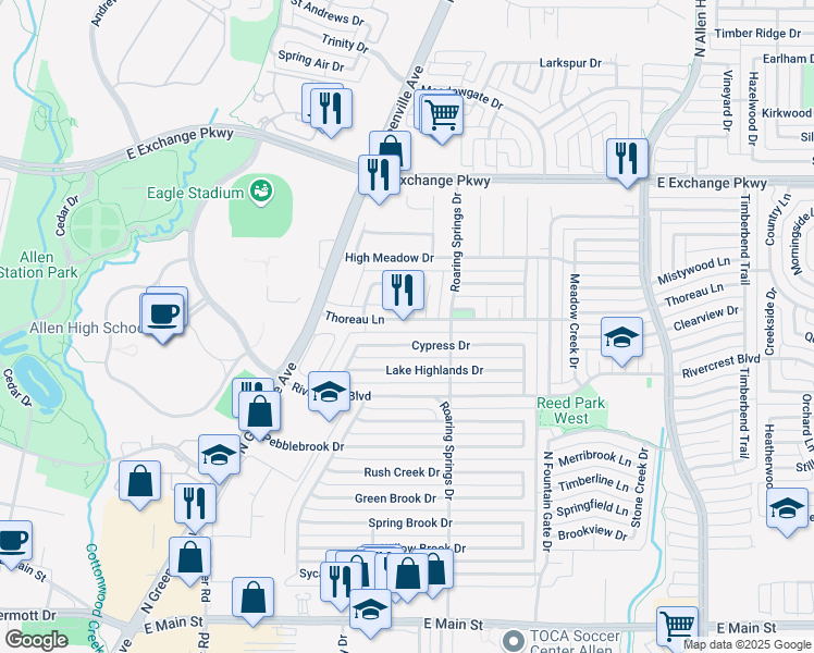 map of restaurants, bars, coffee shops, grocery stores, and more near 806 Cypress Drive in Allen