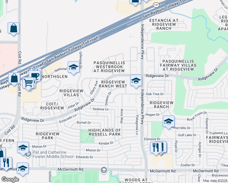 map of restaurants, bars, coffee shops, grocery stores, and more near 3128 Paradise Valley Drive in Plano