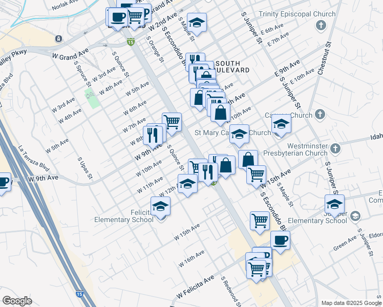 map of restaurants, bars, coffee shops, grocery stores, and more near 525 West 11th Avenue in Escondido