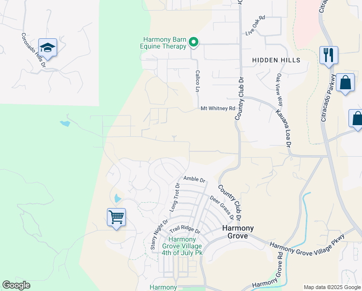 map of restaurants, bars, coffee shops, grocery stores, and more near 21829 Gallop Way in Escondido
