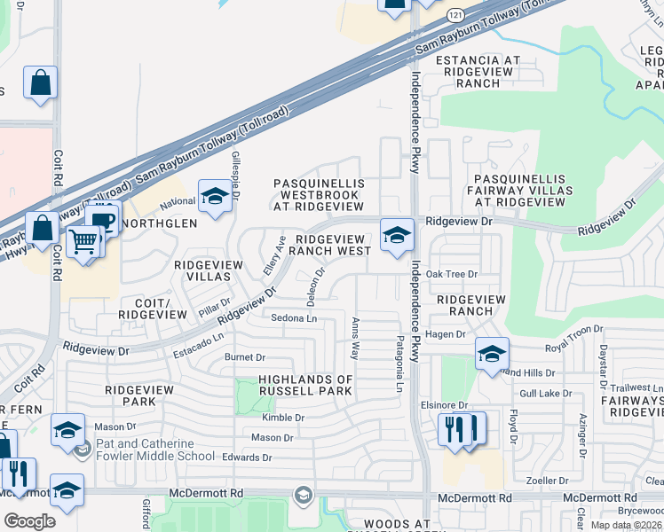 map of restaurants, bars, coffee shops, grocery stores, and more near 3128 Paradise Valley Drive in Plano