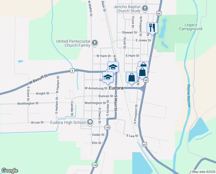 map of restaurants, bars, coffee shops, grocery stores, and more near 143 North Archer Street in Eudora
