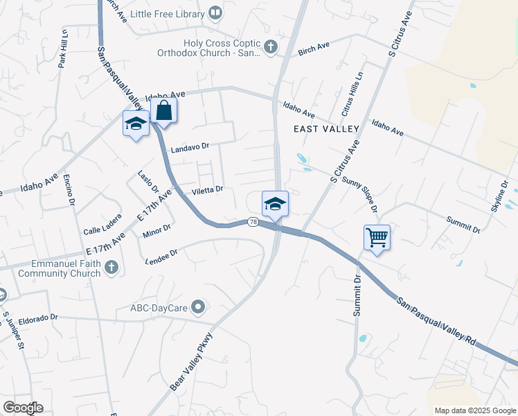 map of restaurants, bars, coffee shops, grocery stores, and more near 1293 Palomar Circle in Escondido