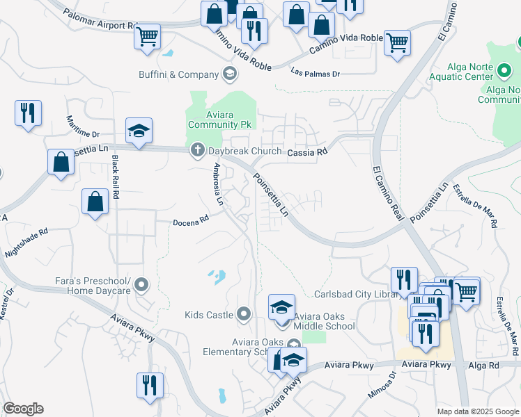 map of restaurants, bars, coffee shops, grocery stores, and more near 6611 Encelia Place in Carlsbad