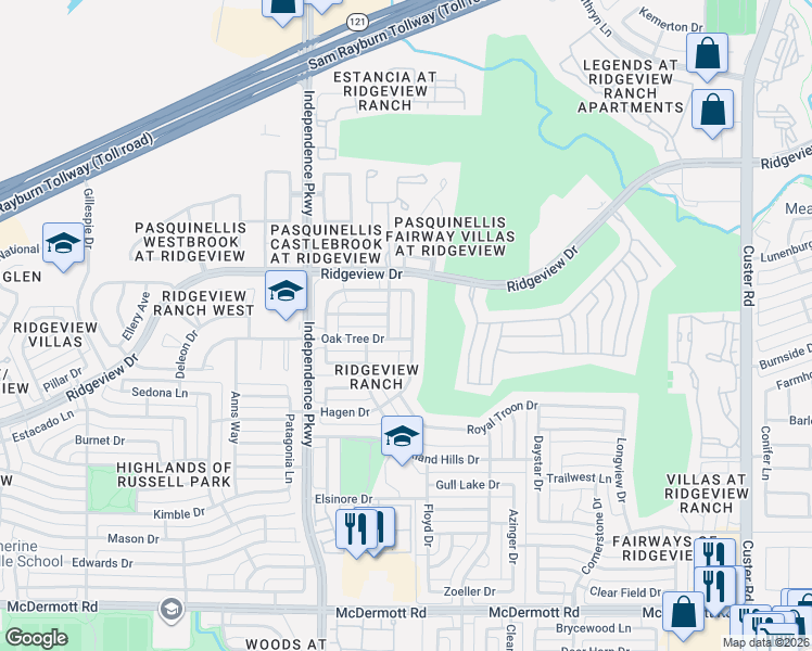 map of restaurants, bars, coffee shops, grocery stores, and more near 9717 Southern Hills Drive in Plano