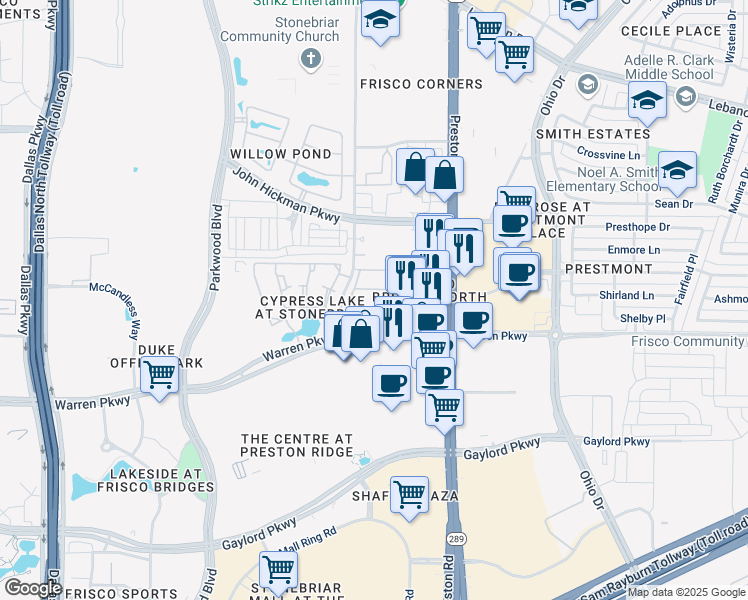 map of restaurants, bars, coffee shops, grocery stores, and more near 8568 Warren Parkway in Frisco