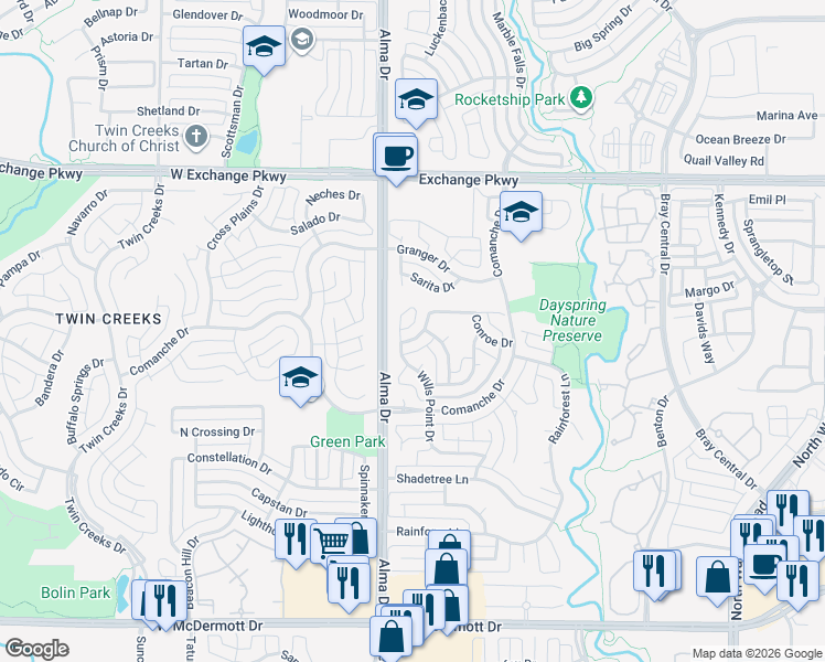 map of restaurants, bars, coffee shops, grocery stores, and more near 1230 Brenham Drive in Allen