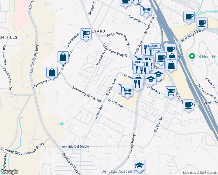 map of restaurants, bars, coffee shops, grocery stores, and more near 1001 South Hale Avenue in Escondido