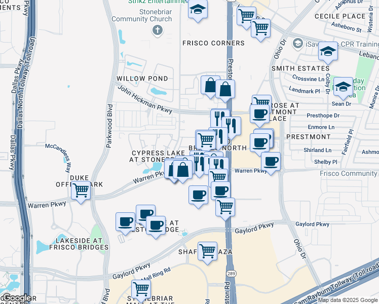map of restaurants, bars, coffee shops, grocery stores, and more near 8568 Warren Parkway in Frisco