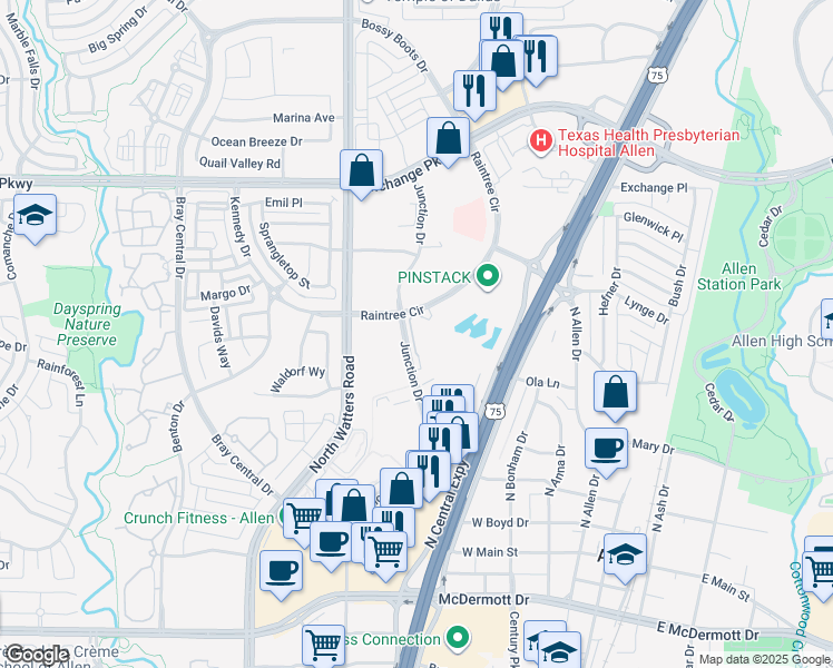 map of restaurants, bars, coffee shops, grocery stores, and more near 860 Junction Drive in Allen