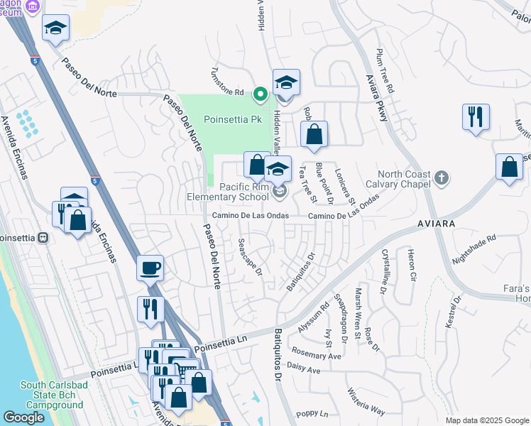 map of restaurants, bars, coffee shops, grocery stores, and more near 1100 Camino De Las Ondas in Carlsbad